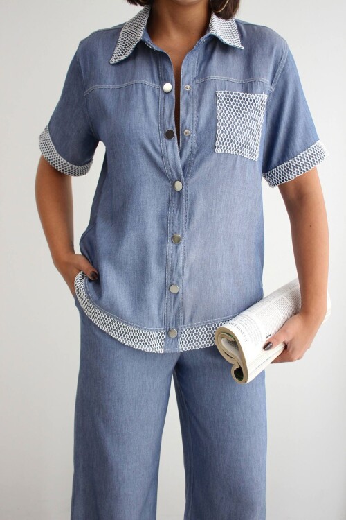 Mavi File Detaylı Tensel Kot Kumaş Gömlek Ve Pantolon Alt Üst Takım BCHN-2626109