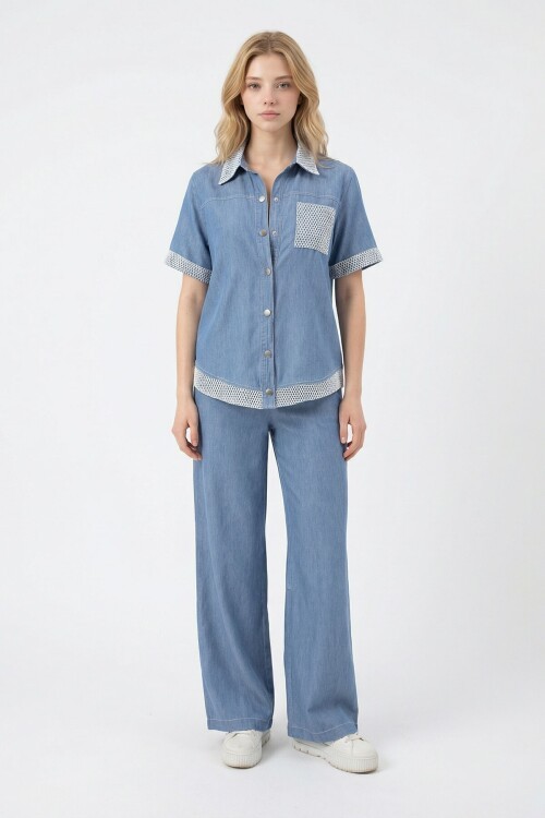 Mavi File Detaylı Tensel Kot Kumaş Gömlek Ve Pantolon Alt Üst Takım BCHN-2626109