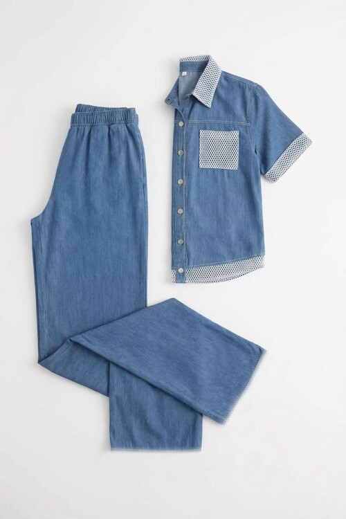 Mavi File Detaylı Tensel Kot Kumaş Gömlek Ve Pantolon Alt Üst Takım BCHN-2626109