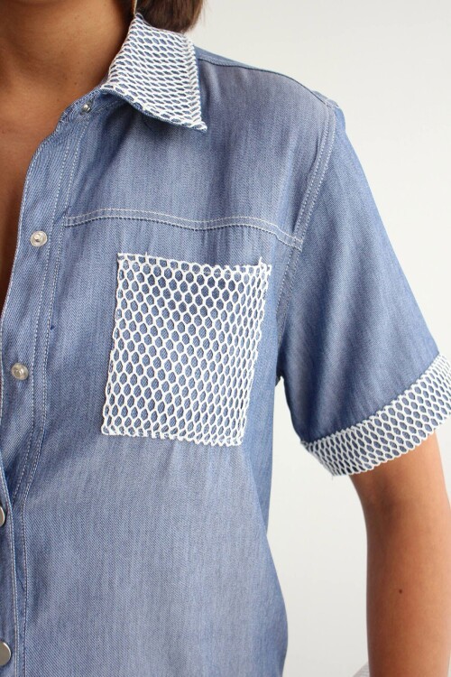 Mavi File Detaylı Tensel Kot Kumaş Gömlek Ve Pantolon Alt Üst Takım BCHN-2626109