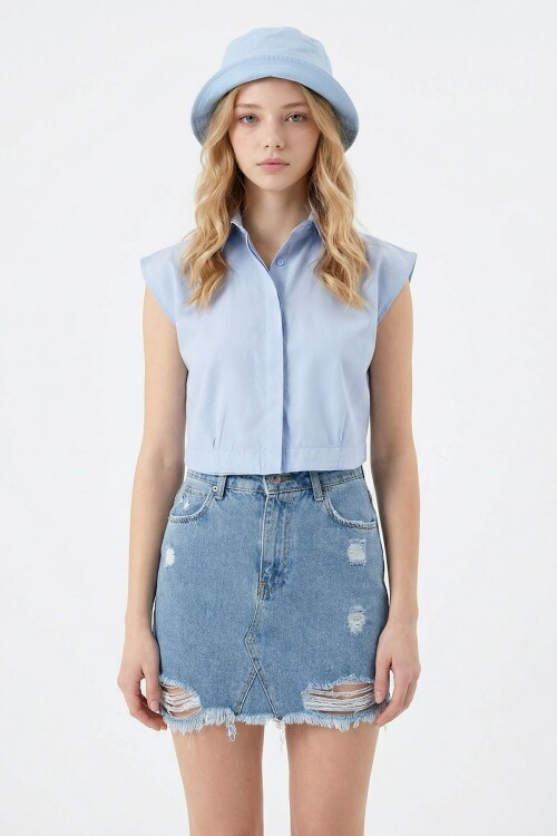 Mavi Kolsuz Yazlık Poplin Dokuma Gömlek