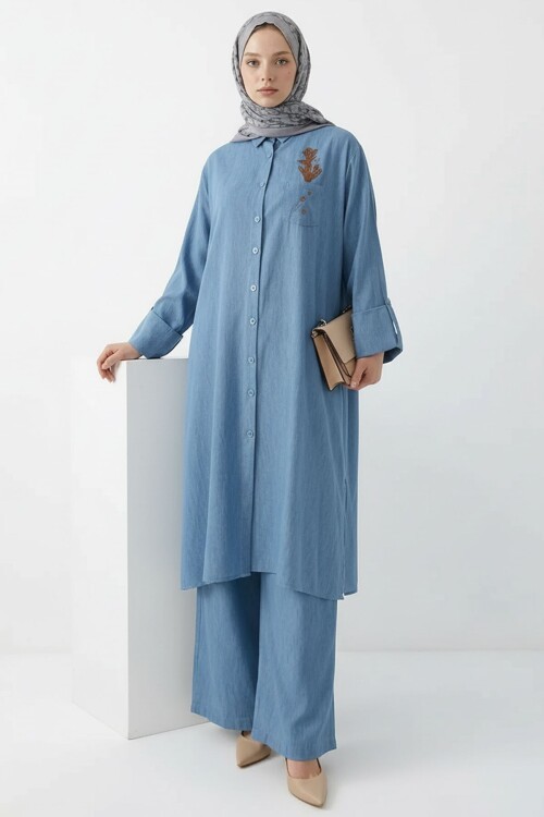 Mavi Nakış Detaylı Tensel Tesettür Alt Üst Takım