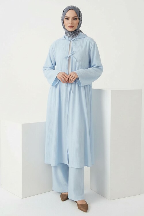 Mavi Önden Bağlamalı Tesettür Alt Üst Keten Takım