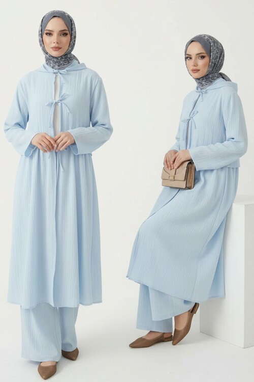 Mavi Önden Bağlamalı Tesettür Alt Üst Keten Takım