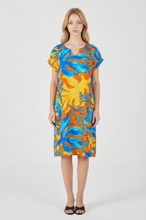 Mavi-Sarı Tropik Desenli V Yaka Rahat Kesim Elbise