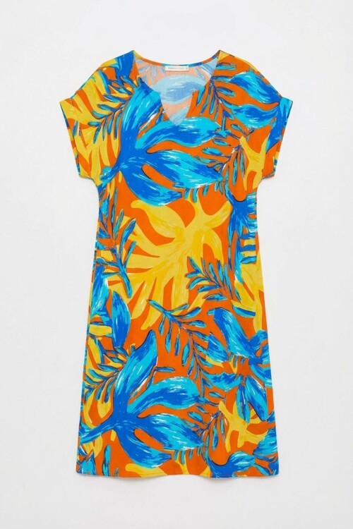 Mavi-Sarı Tropik Desenli V Yaka Rahat Kesim Elbise