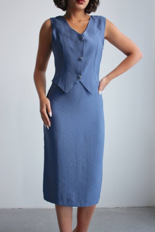 Mavi Tensel Kumaş Yelekli Model Elbise BCHN-2526108