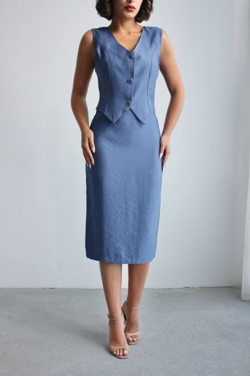 Mavi Tensel Kumaş Yelekli Model Elbise BCHN-2526108