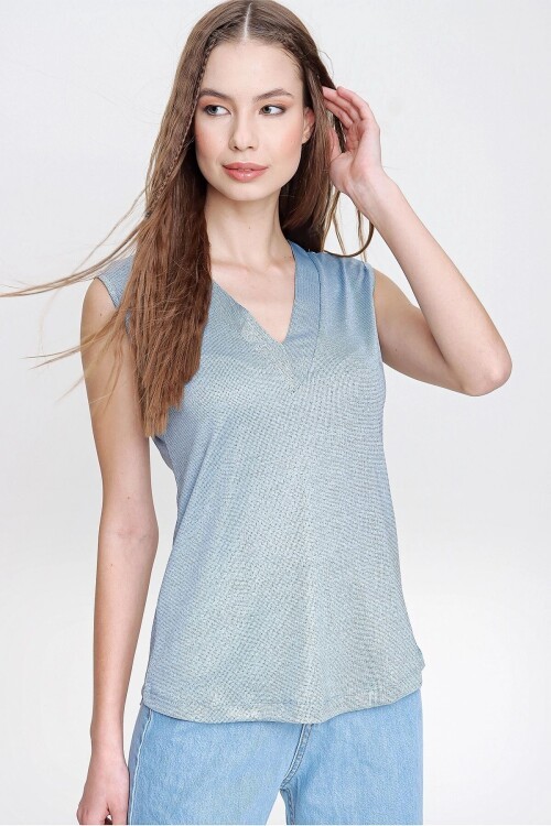 Mavi Yumuşak Dokulu V Yaka Bluz