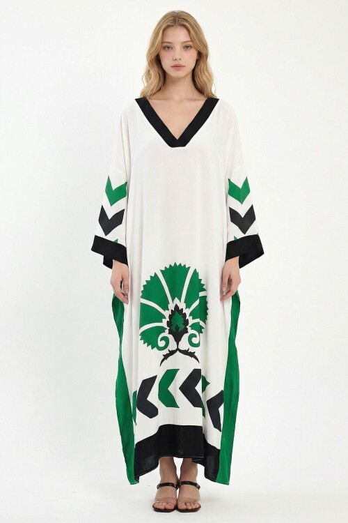 Beyaz Baskılı Maxi Boy Dokuma Viscon Elbise