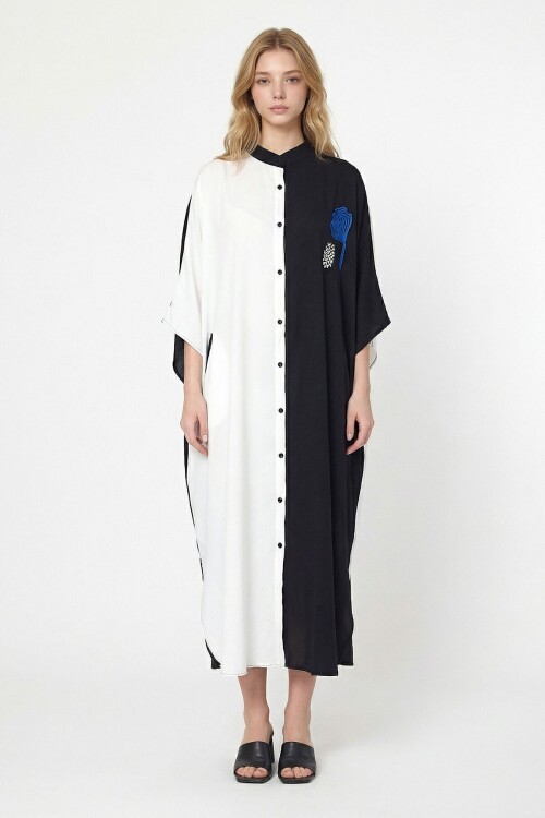 Beyaz Nakış İşlemeli Maxi Boy Dokuma Viscon Elbise