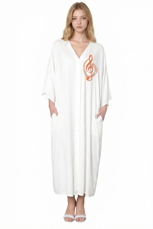 Beyaz Nakış İşlemeli Maxi Boy Dokuma Viscon Elbise