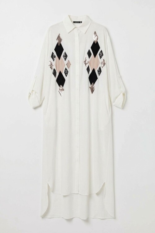 Beyaz Payet İşlemeli Uzun Boy Dokuma Gömlek Elbise