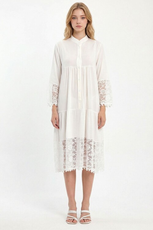 Beyaz Tül Detaylı Uzun Boy Dokuma Viscon Elbise