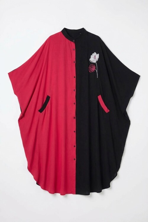 Fuşya Nakış İşlemeli Maxi Boy Dokuma Viscon Elbise