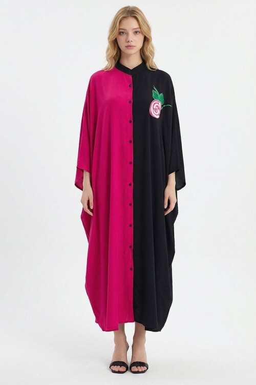 Fuşya Nakış İşlemeli Maxi Boy Dokuma Viscon Elbise