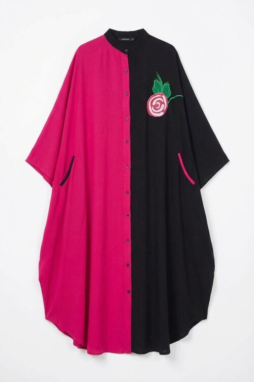 Fuşya Nakış İşlemeli Maxi Boy Dokuma Viscon Elbise