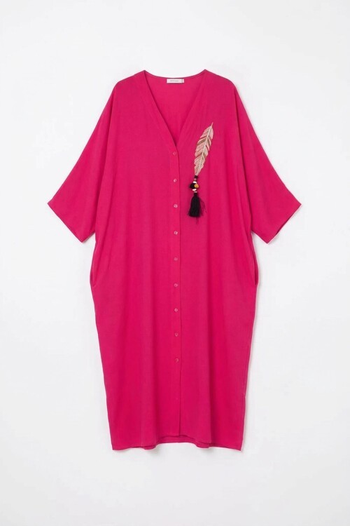 Fuşya Nakış İşlemeli Maxi Boy Dokuma Viscon Elbise