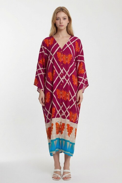Fuşya V Yaka Çiçek Desenli Uzun Boy Dokuma Gömlek Elbise