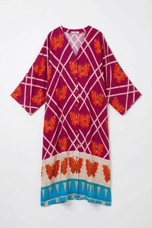 Fuşya V Yaka Çiçek Desenli Uzun Boy Dokuma Gömlek Elbise