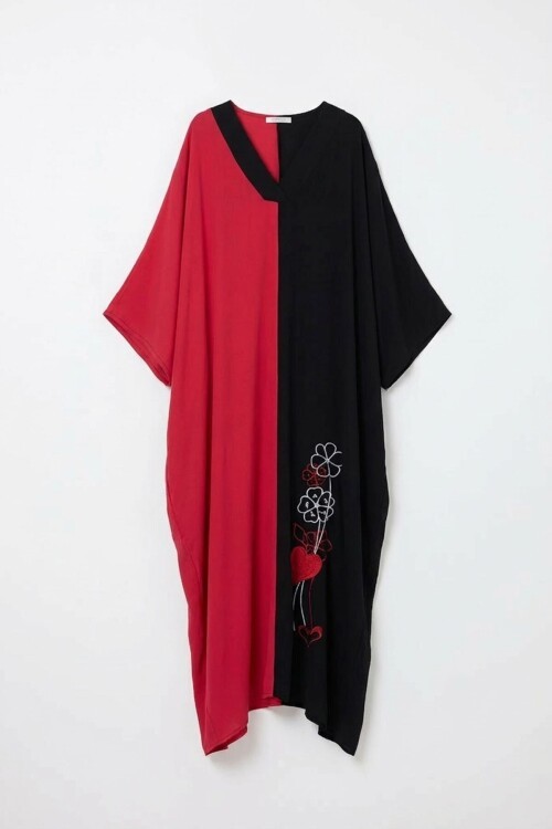 Fuşya V Yaka Nakış İşlemeli Renk Bloklu Uzun Boy Gömlek Elbise