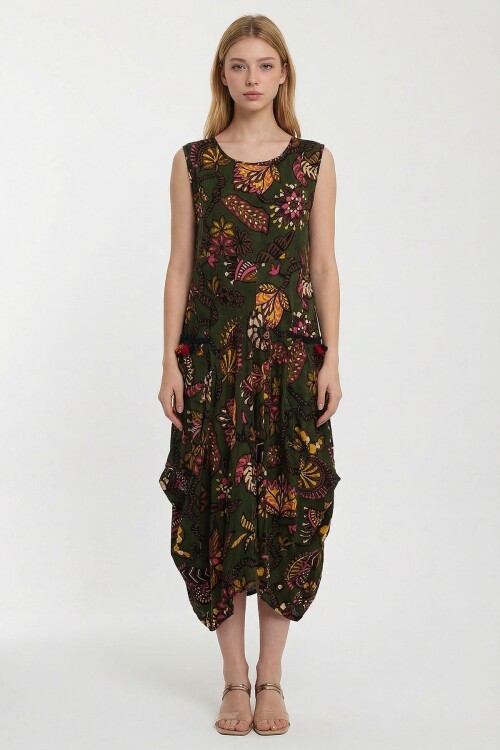 Haki Bisiklet Yaka Çift Cepli Sıfır Kol Çiçek Desenli Rahat Kalıp Elbise