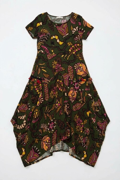 Haki Bisiklet Yaka Çift Cepli Yarım Kol Çiçek Desenli Rahat Kalıp Elbise