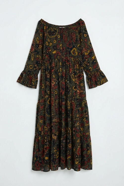 Haki Düşük Omuz Lastikli Desenli Rahat Kesim Uzun Boy Dokuma Elbise