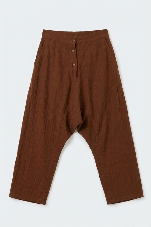 Maxi Boy Kahverengi Çift Cepli Düğme Detaylı Düşük Ağ Şalvar Pantolon BCVL-245326