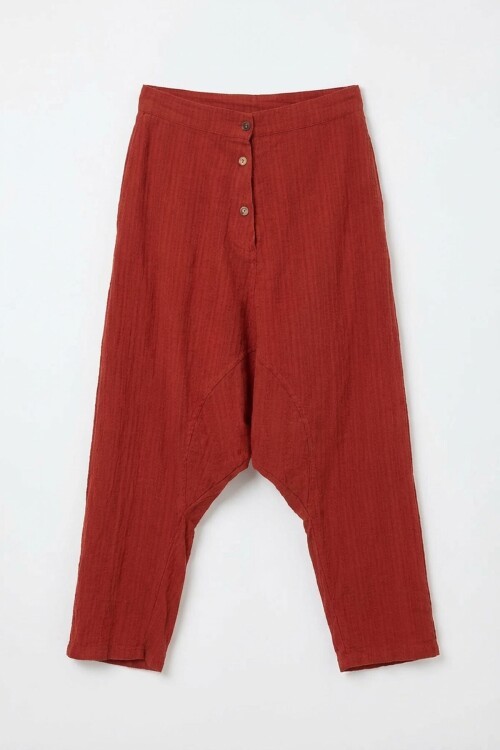 Kiremit Çift Cepli Düğme Detaylı Düşük Ağ Şalvar Pantolon