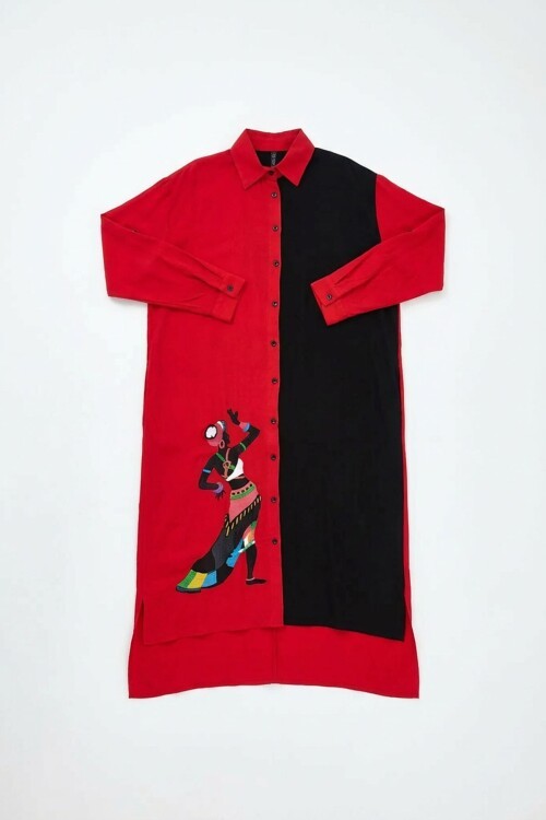 Kırmızı Nakış İşlemeli Maxi Boy Dokuma Viscon Elbise