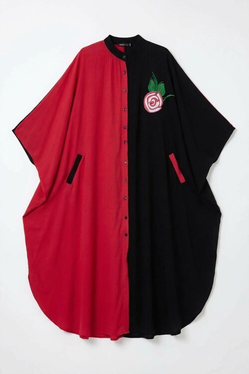 Kırmızı Nakış İşlemeli Maxi Boy Dokuma Viscon Elbise