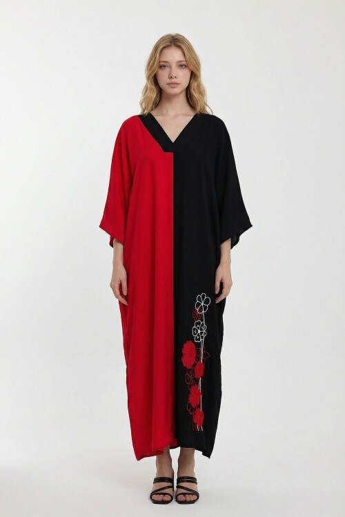 Kırmızı V Yaka Nakış İşlemeli Renk Bloklu Uzun Boy Gömlek Elbise