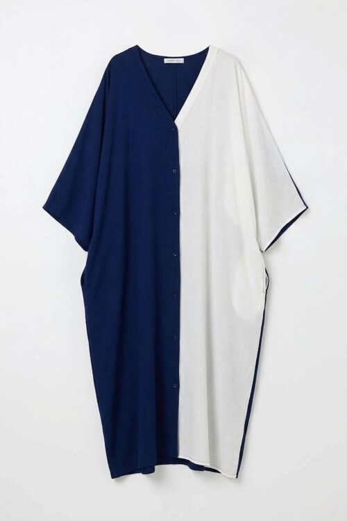 Lacivert Beyaz Nakış İşlemeli Renk Bloklu Uzun Boy Dokuma Elbise