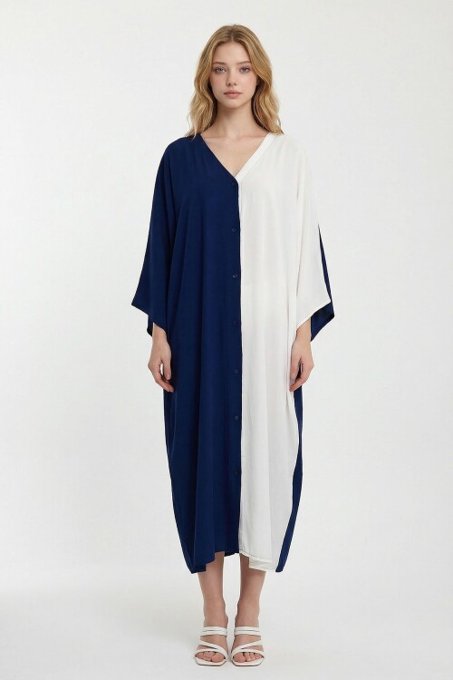 Lacivert Beyaz Nakış İşlemeli Renk Bloklu Uzun Boy Dokuma Elbise