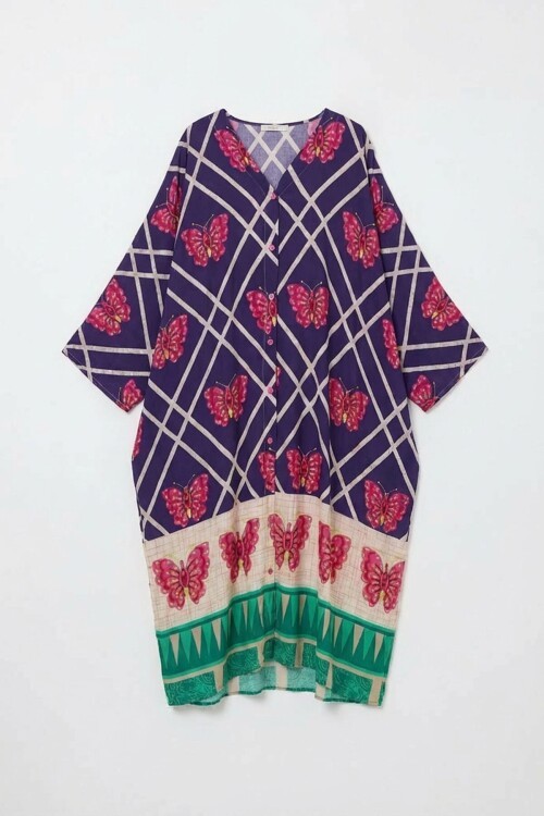 Lacivert V Yaka Çiçek Desenli Uzun Boy Dokuma Gömlek Elbise