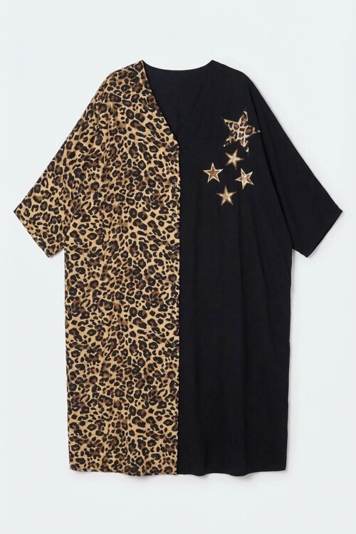 Leopar Nakış İşlemeli Maxi Boy Dokuma Viscon Elbise