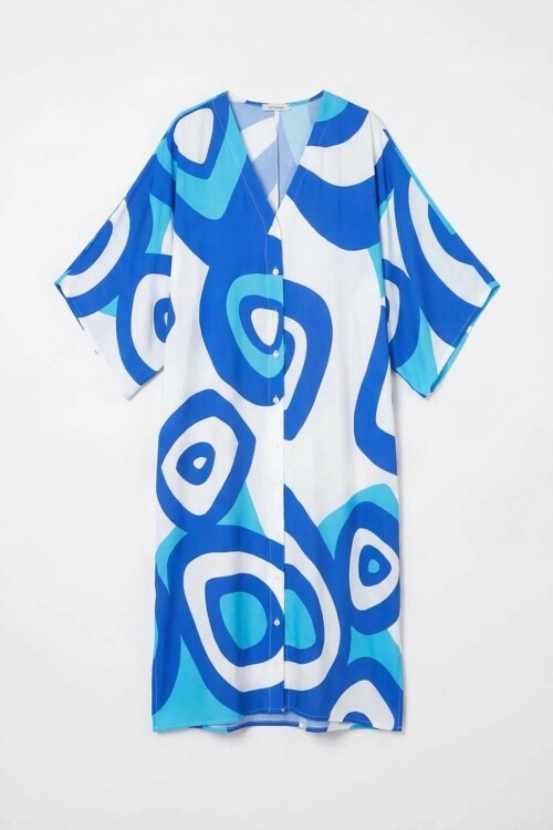 Mavi Baskılı Maxi Boy Dokuma Viscon Elbise