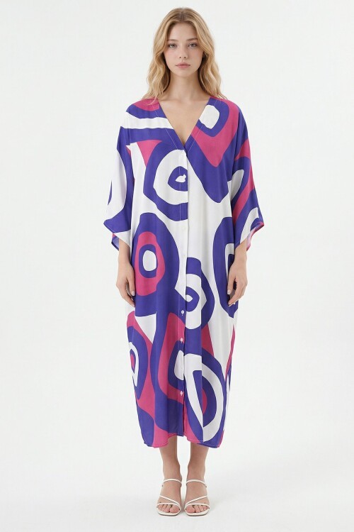 Mor Baskılı Maxi Boy Dokuma Viscon Elbise