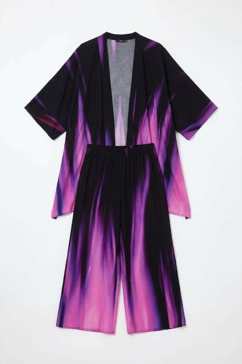 Mor Degrade Desenli Pantolon Ve Kimono Dokuma Alt Üst Takım