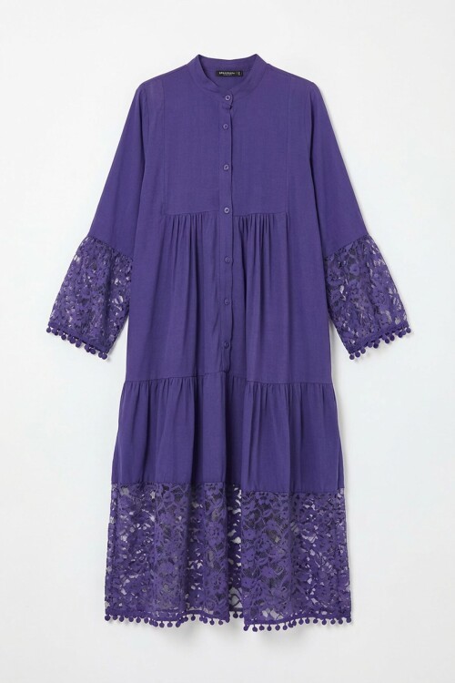 Mor Tül Detaylı Uzun Boy Dokuma Viscon Elbise