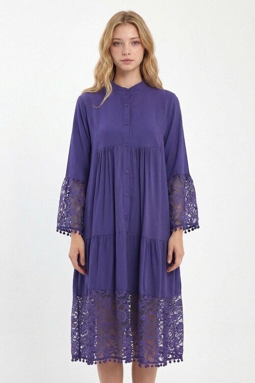 Mor Tül Detaylı Uzun Boy Dokuma Viscon Elbise