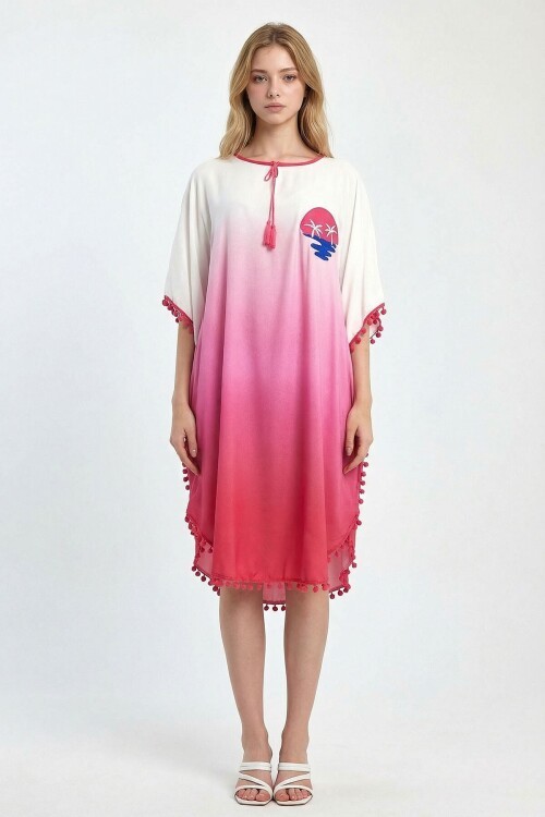 Pembe Nakış İşlemeli Püsküllü Dokuma Viscon Elbise