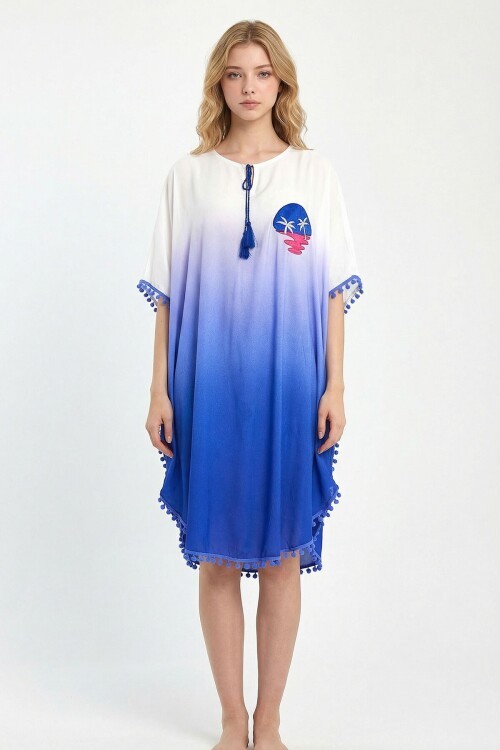 Saks Nakış İşlemeli Püsküllü Dokuma Viscon Elbise