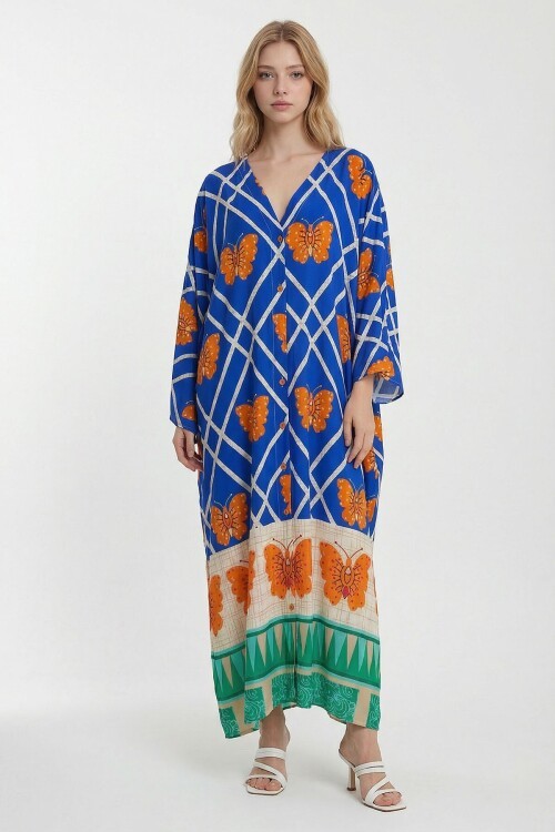 Saks V Yaka Çiçek Desenli Uzun Boy Dokuma Gömlek Elbise