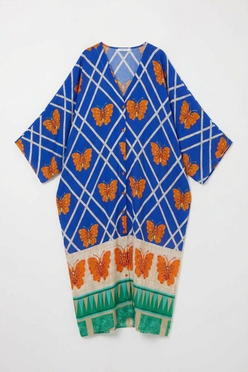 Saks V Yaka Çiçek Desenli Uzun Boy Dokuma Gömlek Elbise