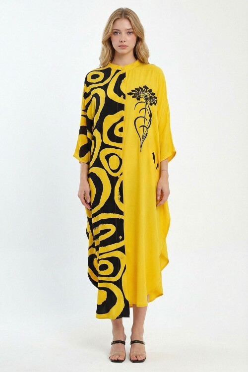 Sarı Nakış İşlemeli Maxi Boy Dokuma Viscon Elbise