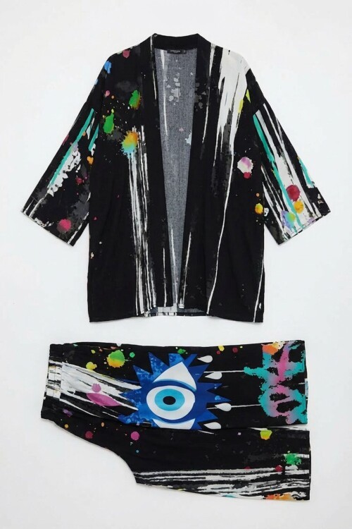 Siyah Desenli Pantolon Ve Uzun Kimono Dokuma Alt Üst Takım
