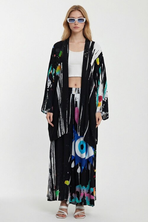 Siyah Desenli Pantolon Ve Uzun Kimono Dokuma Alt Üst Takım