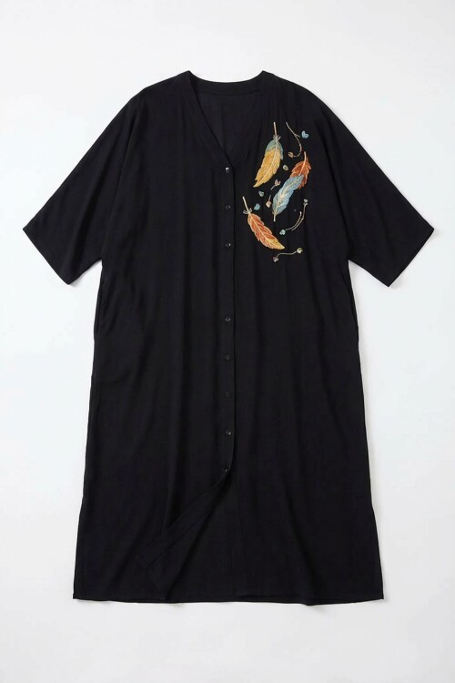 Siyah Nakış İşlemeli Maxi Boy Dokuma Viscon Elbise